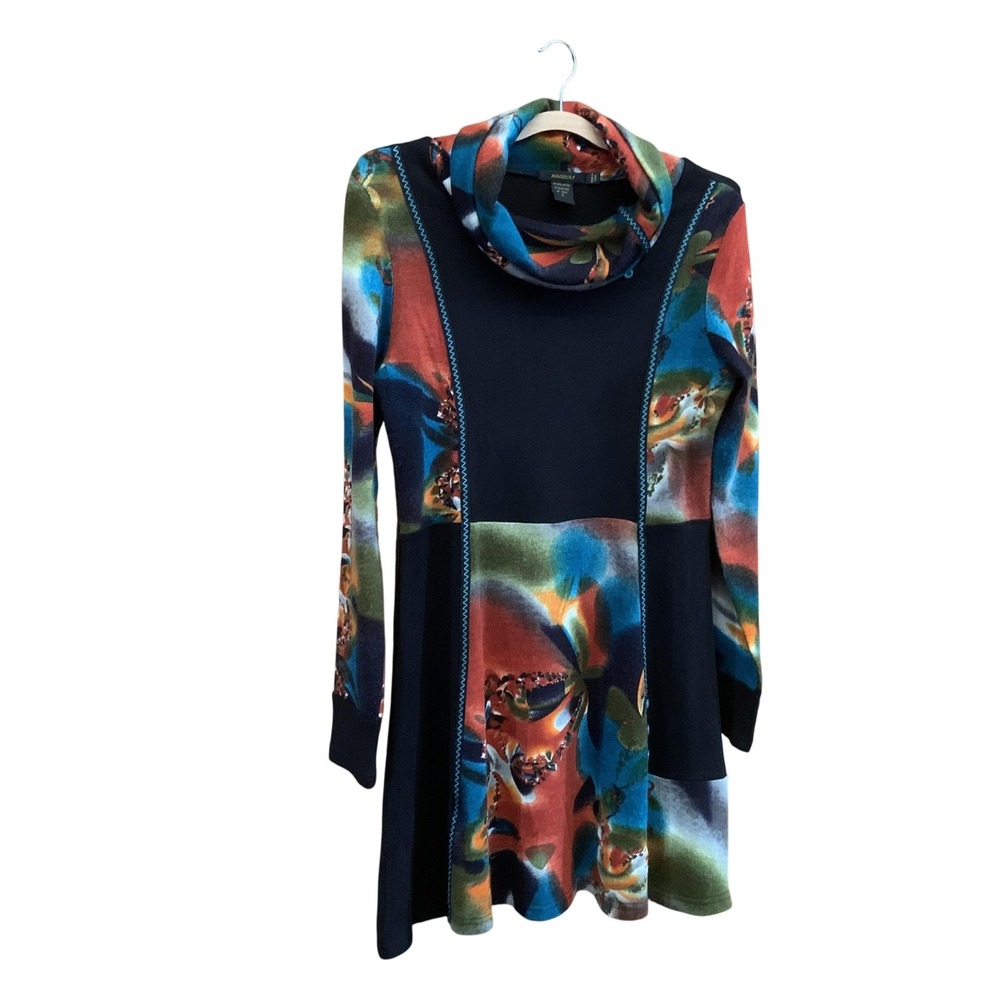 Radzoli Cowl Neck Tunic Dress Small Black Multicolor Artsy Boho Lagenlook